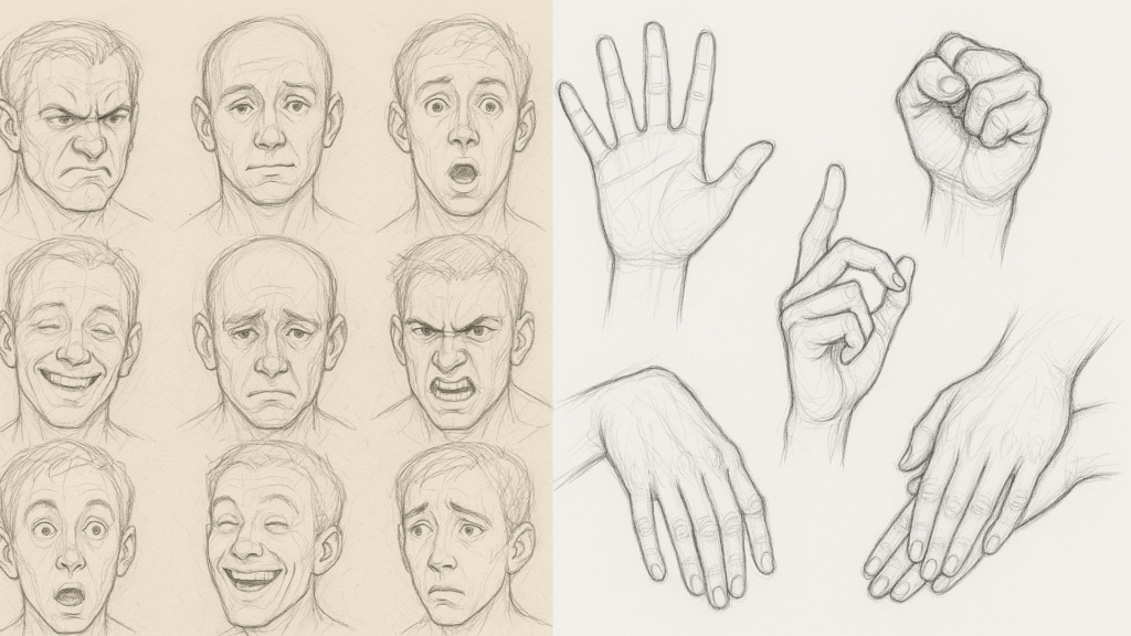 Expressões na Anatomia: Faciais e Mãos